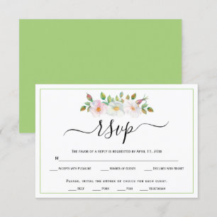 White pink wild dog rose green floral wedding RSVP Card