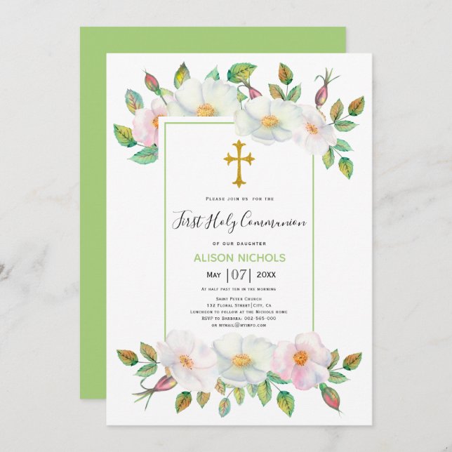 White pink wild roses green floral First Communion Invitation (Front/Back)