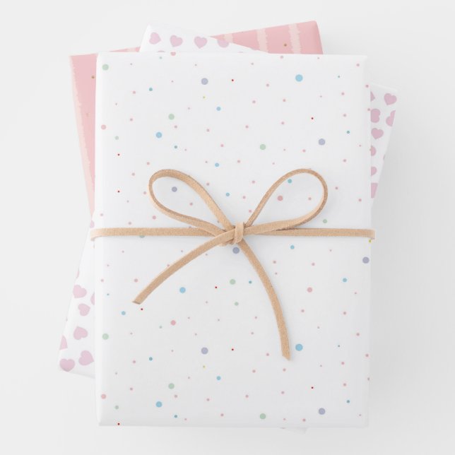 White Pink With Gold Pink Blue Dots Pink Hearts Wrapping Paper Sheet (In situ)