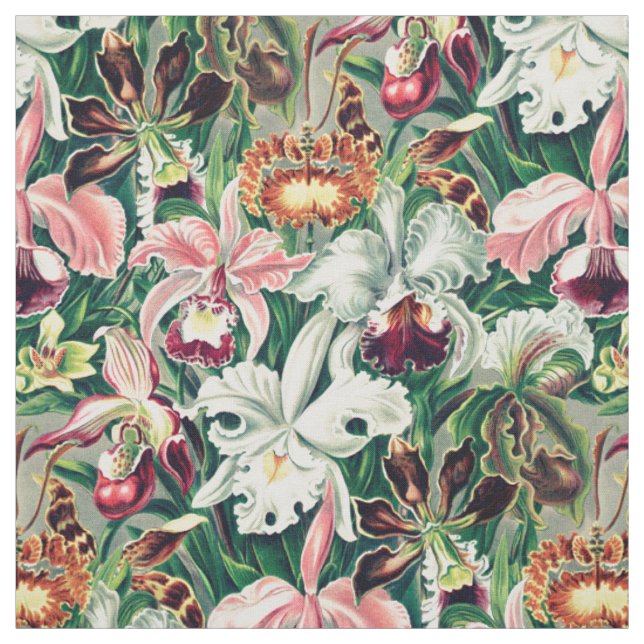 White Pink Yellow Green Orchid Pattern Fabric (Swatch)