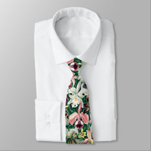 White Pink Yellow Green Orchid Pattern Tie