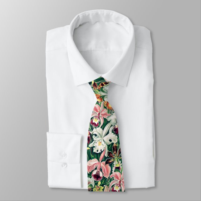 White Pink Yellow Green Orchid Pattern Tie (Tied)