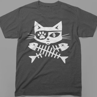 White Pirate Cat Jolly Roger Crossed Fishbones T-Shirt