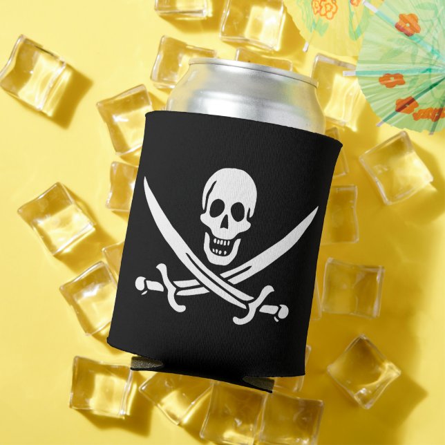 White, Pirate Flag Calico Jack, Skull & Cutlass  Can Cooler (In Situ Summer)