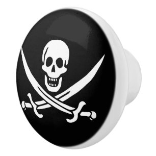 White, Pirate Flag Calico Jack, Skull & Cutlass  Ceramic Knob