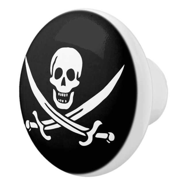 White, Pirate Flag Calico Jack, Skull & Cutlass  Ceramic Knob (Right)
