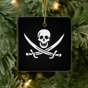 White, Pirate Flag Calico Jack, Skull & Cutlass Ceramic Ornament