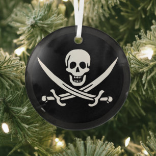 White, Pirate Flag Calico Jack, Skull & Cutlass Glass Tree Decoration