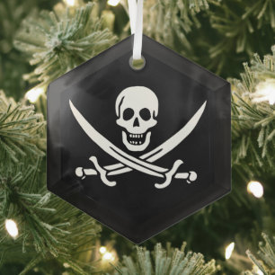 White, Pirate Flag Calico Jack, Skull & Cutlass Glass Tree Decoration