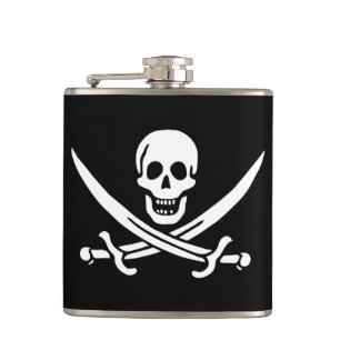 White, Pirate Flag Calico Jack, Skull & Cutlass Hip Flask