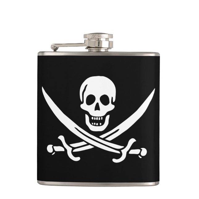 White, Pirate Flag Calico Jack, Skull & Cutlass  Hip Flask (Front)