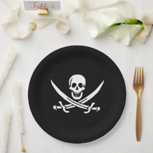 White, Pirate Flag Calico Jack, Skull & Cutlass  Paper Plate
