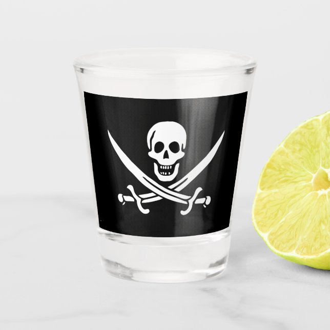 White, Pirate Flag Calico Jack, Skull & Cutlass  Shot Glass (Front)