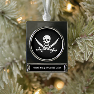 White, Pirate Flag Calico Jack, Skull & Cutlass Silver Plated Banner Ornament