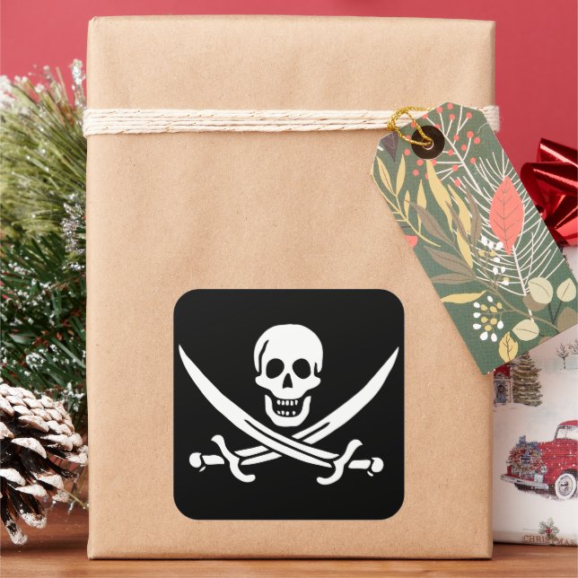 White, Pirate Flag Calico Jack, Skull & Cutlass  Square Sticker (Holiday)