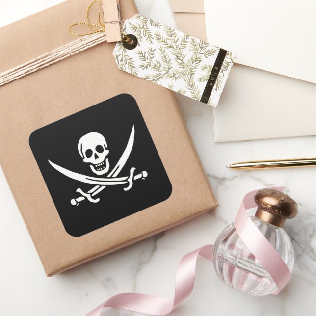 White, Pirate Flag Calico Jack, Skull & Cutlass  Square Sticker (Gifting)