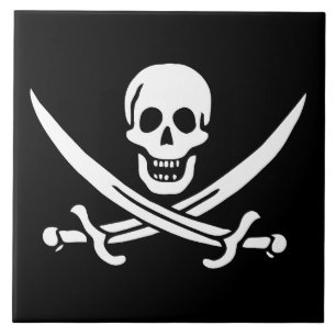 White, Pirate Flag Calico Jack, Skull & Cutlass  Tile