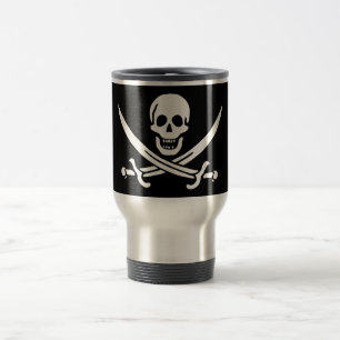 White, Pirate Flag Calico Jack, Skull & Cutlass  Travel Mug