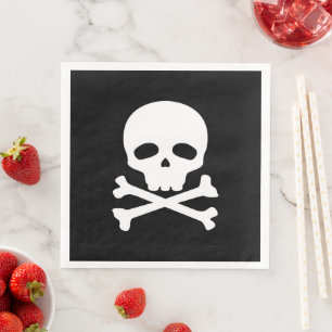 White Pirate Skull on Black Background Napkin