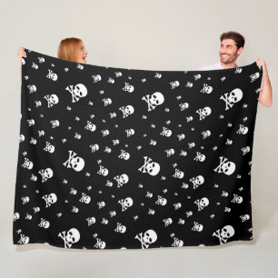 White Pirate Skull on Black Fleece Blanket
