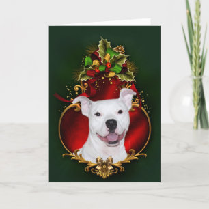 White pitbull Christmas Holiday Card