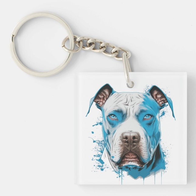 White Pitbull with Blue Eyes | Pitbull Dad Key Ring (Front)