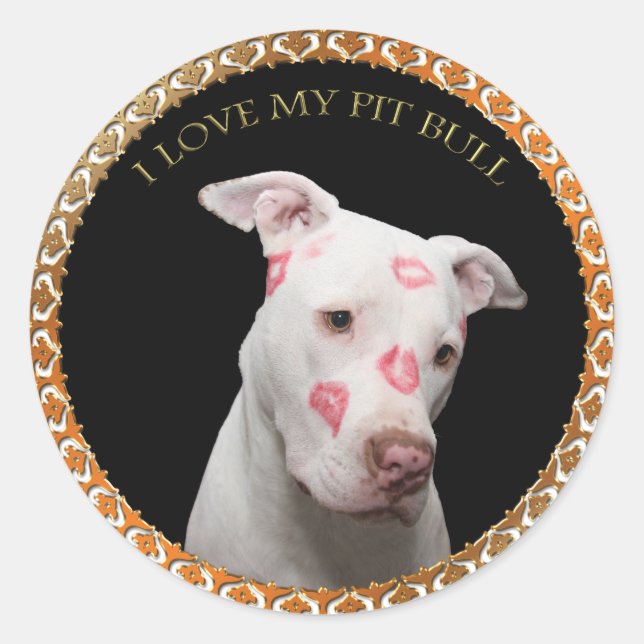 White pitbull with red kisses all over his face. classic round sticker (Front)