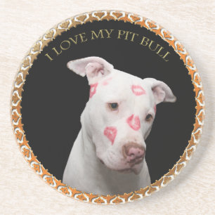 White pitbull with red kisses all over his face. coaster