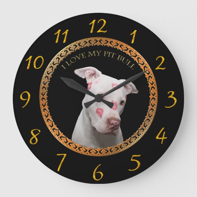 White pitbull with red kisses all over his face.   large clock (Front)
