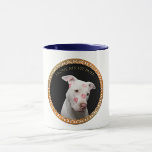 White pitbull with red kisses all over his face. mug