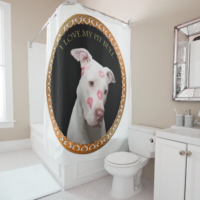 White pitbull with red kisses all over his face. shower curtain (In Situ)