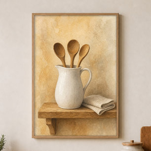 White Pitcher & Wooden Spoons Watercolour Poster