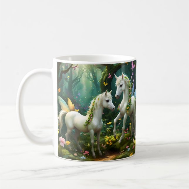 White Pixie Fantasy Horses In Magical Garden, Coffee Mug (Left)