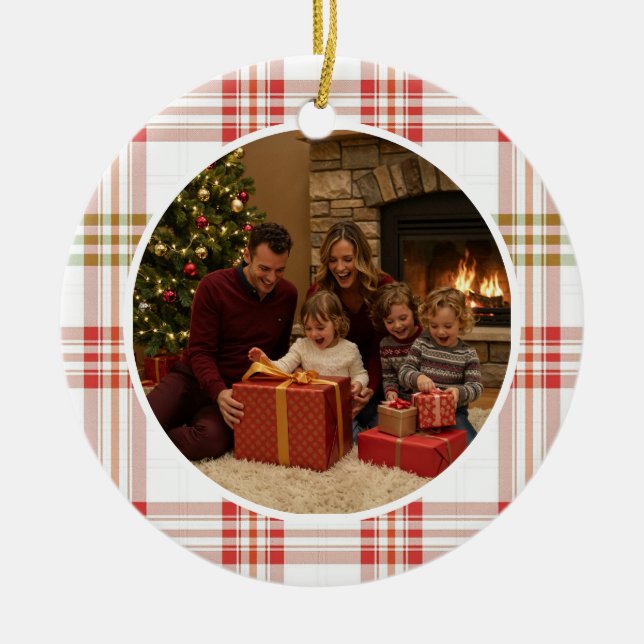 White Plaid Family Christmas Ceramic Tree Decoration (Front)