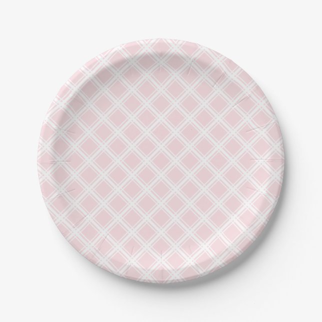 White Plaid on Pink Birthday Party Paper Plate (Front)