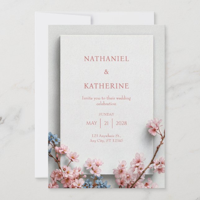 White Plaster Minimalist Sakura Frame Wedding Invitation (Front)