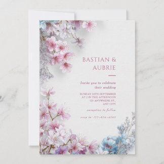 White Plaster Pink Sakura Botanical Border Wedding Invitation