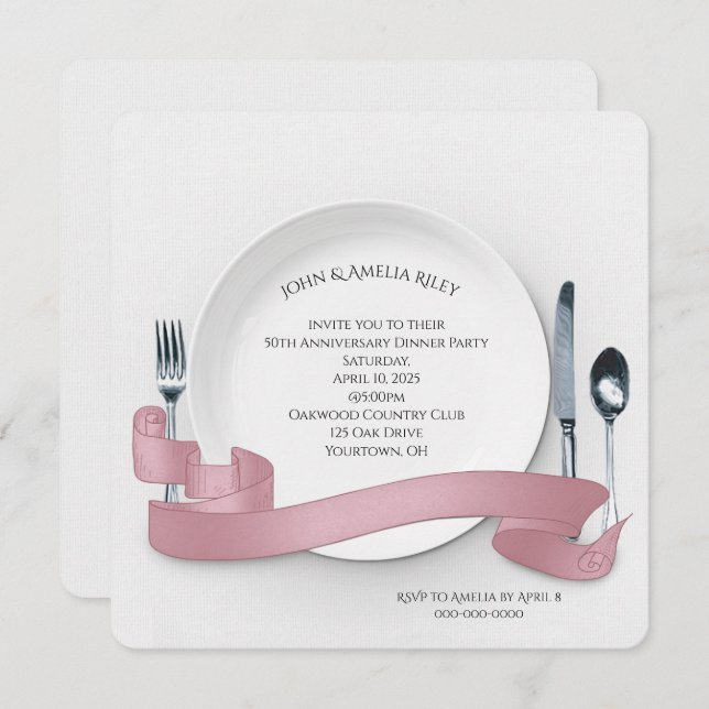 White plate with silverware party and banner invitation (Front/Back)