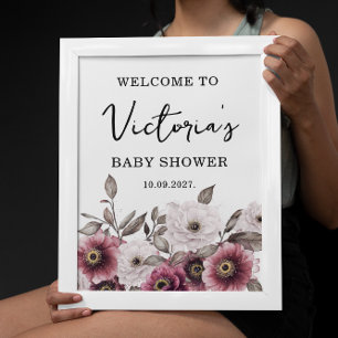 White Plum Floral Welcome Baby Shower Poster
