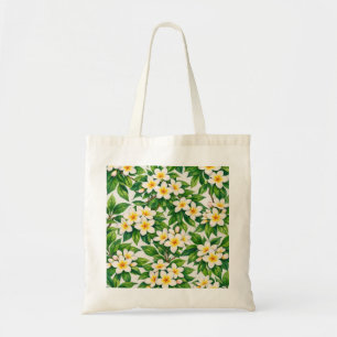 White Plumeria and Green Leaves Tropical Floral Tote Bag