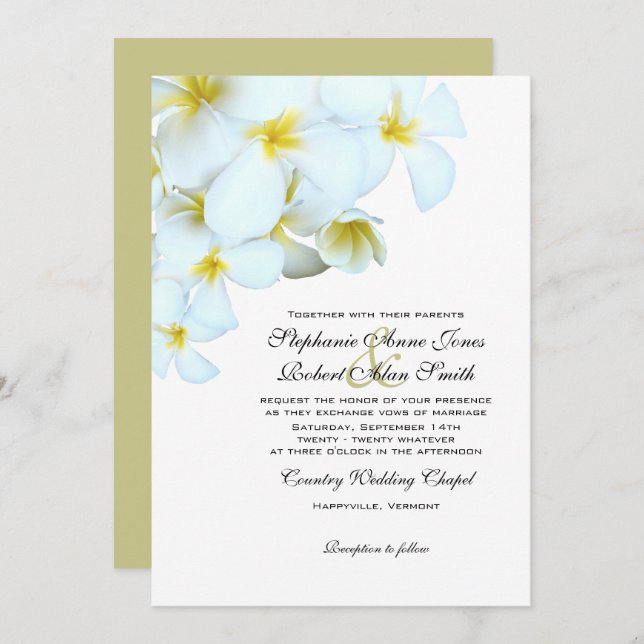 White Plumeria Beach Wedding Invitations (Front/Back)