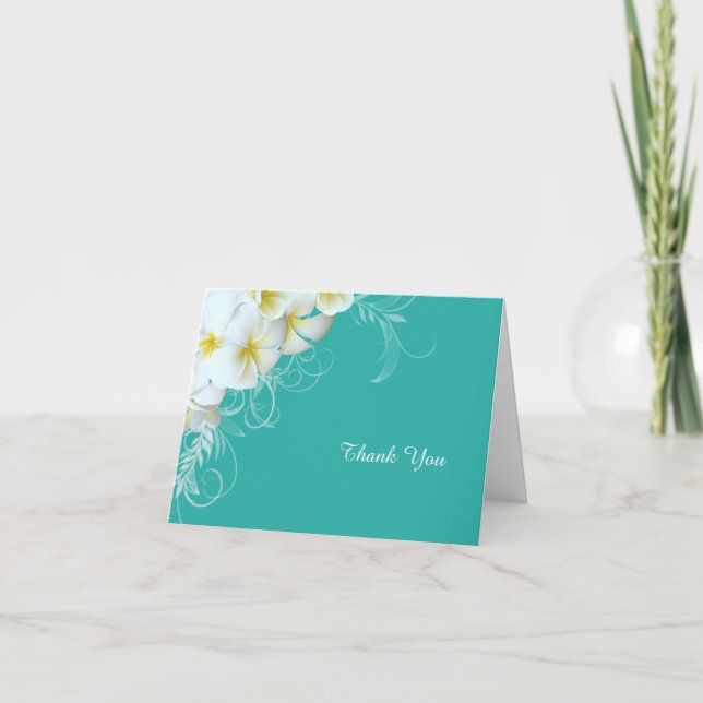 White Plumeria Flourish Blue Custom Thank You Note (Front)