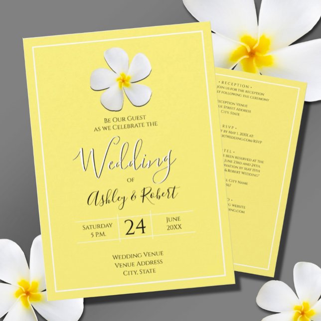 White Plumeria Flower on Yellow, Modern Wedding Invitation (Creator Uploaded)