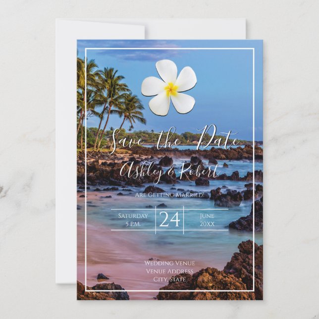 White Plumeria Flower, Tropical Beach, Save Date Invitation (Front)
