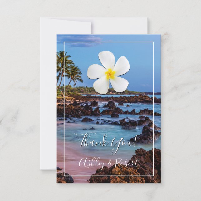 White Plumeria Flower w/ Tropical Beach, Thank You Invitation (Front)