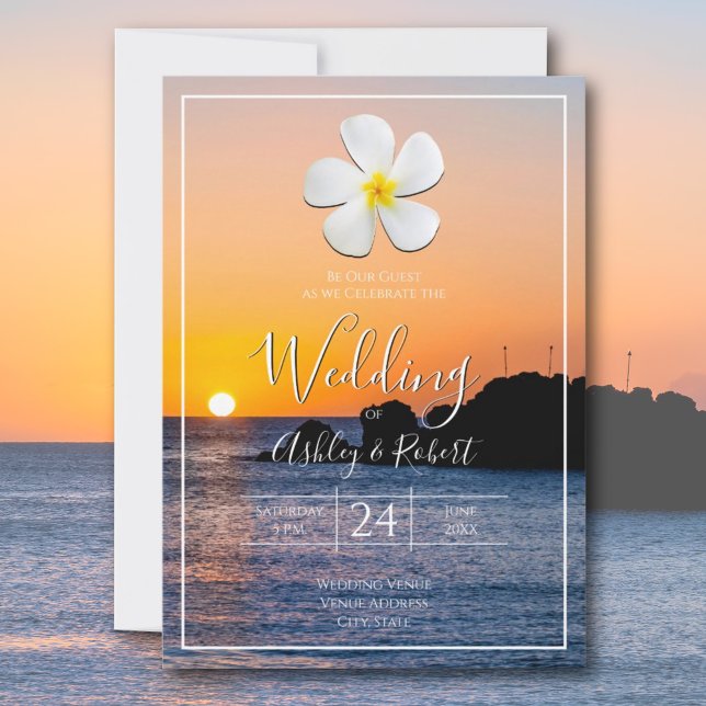 White Plumeria Flower with Golden Sunset, Wedding Invitation (Creator Uploaded)
