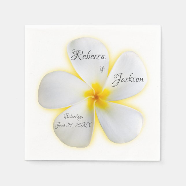 White Plumeria Flower with Yellow, Wedding, Napkin (Front)