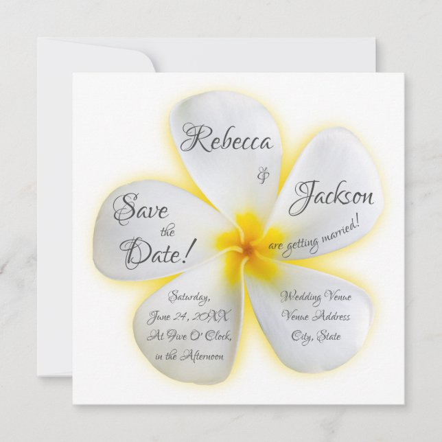 White Plumeria Flower, Yellow, Wedding, Save Date Invitation (Front)