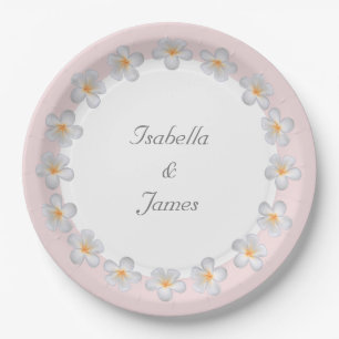 White Plumeria Flowers on Light Pink & White Party Paper Plate