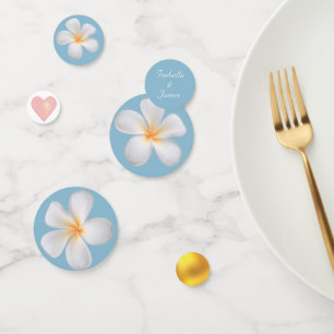 White Plumeria Flowers on Light Wondrous Blue Confetti